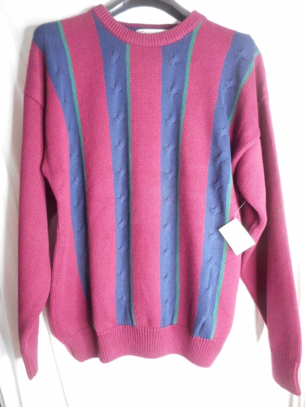 NWT Vintage 80s Burgundy Blue Striped Size L 100% cotton Sweater John Ashford